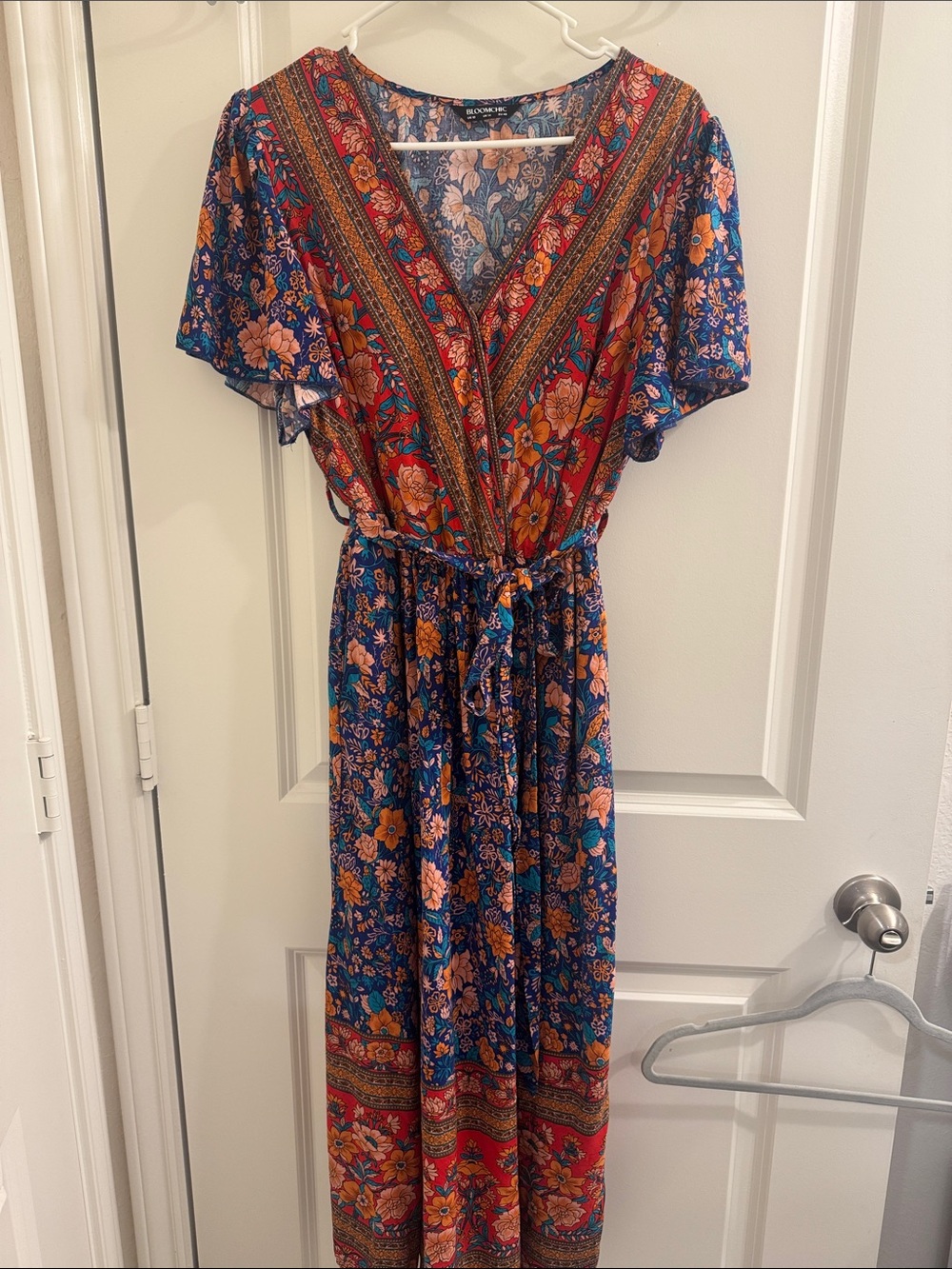 BloomChic Floral V-Neck Maxi Dress - Blue & Red
